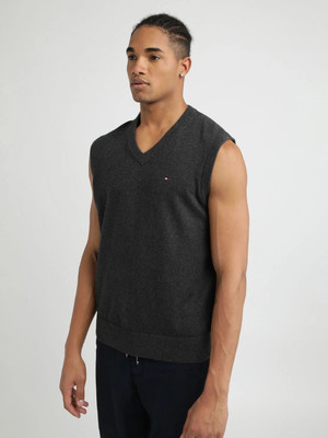 TOMMY HILFIGER Solid V Neck Casual Men Grey Sweater