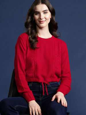 Mast & Harbour Self Design Round Neck Casual Women Red Sweater