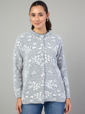 DUKE Floral Print Round Neck Casual Women Black Sweater