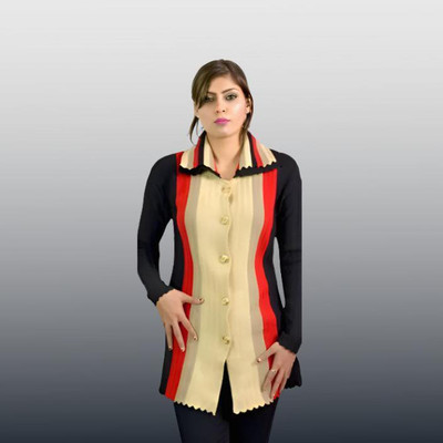Ozarro Self Design Collared Neck Casual Women Multicolor Sweater
