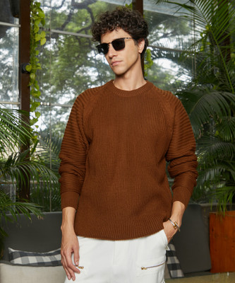CAMPUS SUTRA Solid Crew Neck Casual Men Brown Sweater