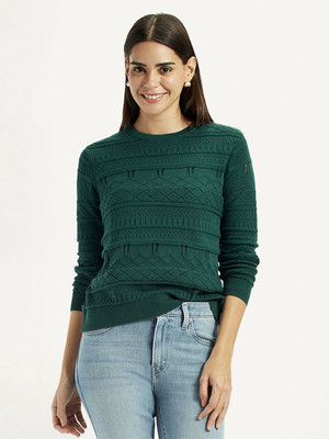 LEVI'S Self Design Crew Neck Casual Women Dark Green Sweater