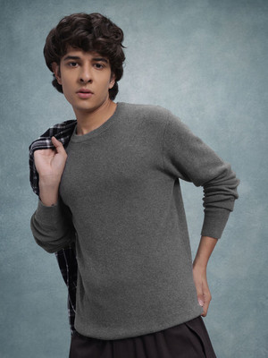 Roadster Solid Round Neck Casual Men Grey Sweater