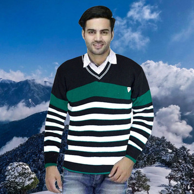 FUTUREGEMS Striped V Neck Casual Men Multicolor Sweater