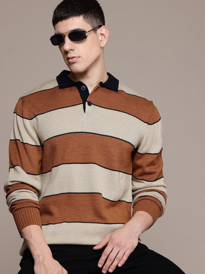 Roadster Striped Crew Neck Casual Men Brown Sweater