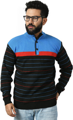 manra Colorblock Turtle Neck Casual Men Light Blue, Black Sweater