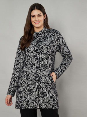 eWools Floral Print Round Neck Casual Women Black Sweater