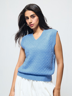 The Souled Store Self Design V Neck Casual Women Blue Sweater