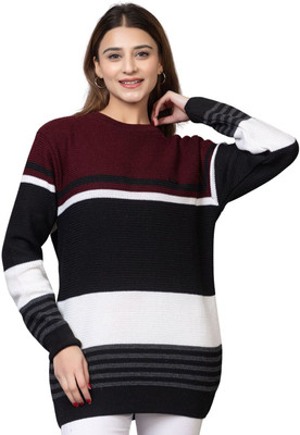 WAY TO TRENDY Striped Round Neck Casual Women Maroon Sweater
