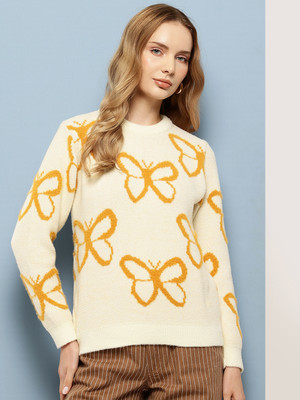 Roadster Solid Round Neck Casual Women Yellow Sweater