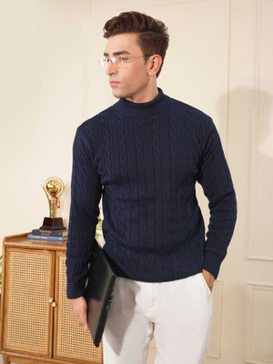 KVETOO Self Design High Neck Casual Men Dark Blue Sweater