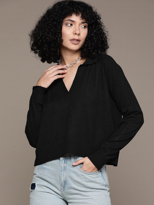 Roadster Solid V Neck Casual Women Black Sweater