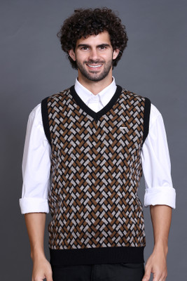 GODFREY Geometric Print V Neck Casual Men Brown Sweater