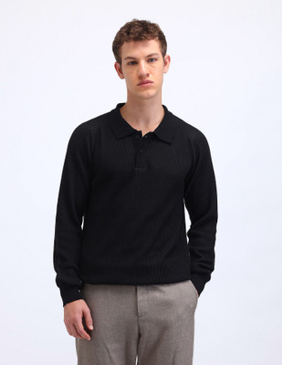 FLYING MACHINE Self Design Collared Neck Casual Men Black Sweater