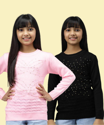 ANIXA Self Design Round Neck Casual Girls Multicolor Sweater
