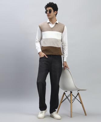 SILVANUS Colorblock V Neck Casual Men Brown Sweater
