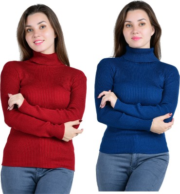 VastraVerse Solid Turtle Neck Casual Women Maroon, Blue Sweater