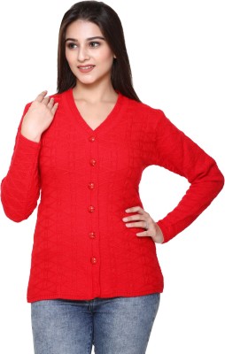 WOOL 4U Self Design V Neck Casual Women Red Sweater