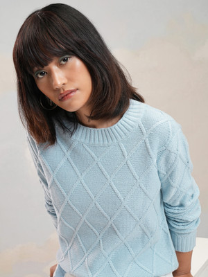 Tokyo Talkies Self Design Round Neck Casual Women Blue Sweater