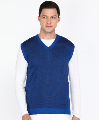 PARK AVENUE Striped V Neck Casual Men Dark Blue Sweater