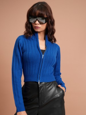 Tokyo Talkies Solid High Neck Casual Women Blue Sweater