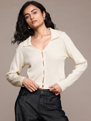 Roadster Self Design V Neck Casual Women Beige Sweater