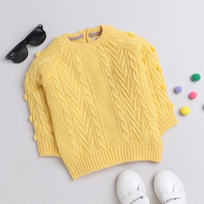 Yellow Apple Woven Round Neck Casual Girls Yellow Sweater