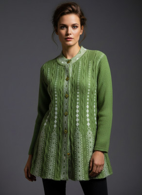 PROBASIC Self Design Mandarin Neck Casual Women Green Sweater