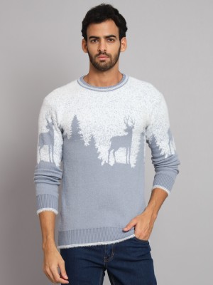 eWools Printed Round Neck Casual Men Blue, White Sweater