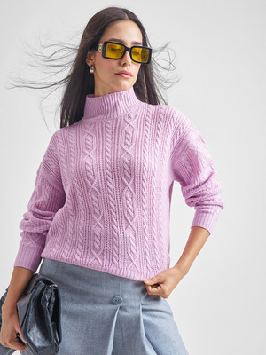 Tokyo Talkies Self Design High Neck Casual Women Pink Sweater