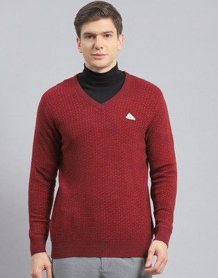 MONTE CARLO Self Design V Neck Casual Men Maroon Sweater