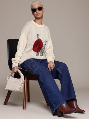 Roadster Self Design Round Neck Casual Women Beige Sweater