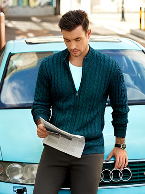 TYSORT Self Design Round Neck Casual Men Dark Green Sweater
