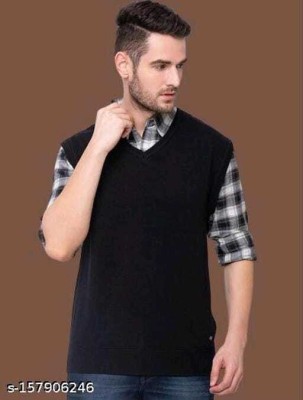 VRSU Solid V Neck Casual Men Black Sweater