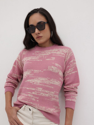Roadster Self Design Round Neck Casual Women Pink Sweater