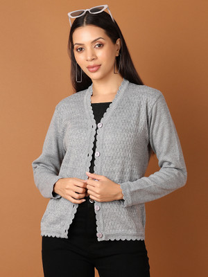V-MART Self Design V Neck Casual Women Grey Sweater