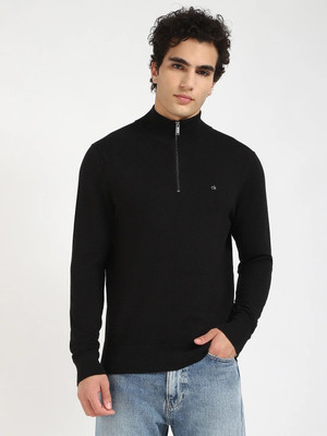 Calvin Klein Jeans Self Design High Neck Casual Men Black Sweater