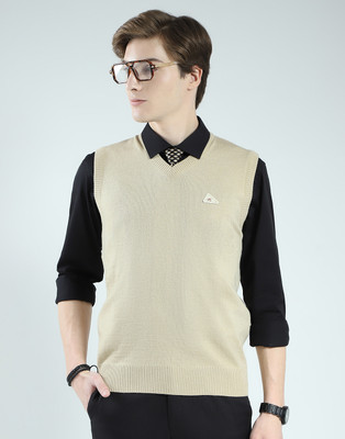 MONTE CARLO Solid V Neck Casual Men Beige Sweater