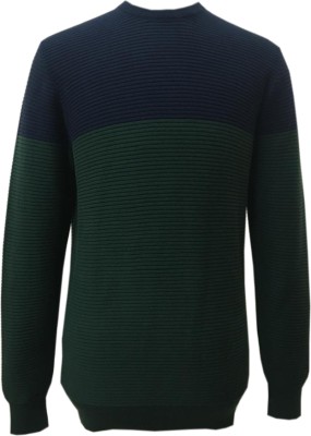 MARRINER Striped Round Neck Casual Men Green Sweater