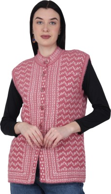 chatanya Printed V Neck Casual Women Pink Sweater