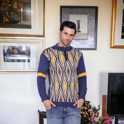 GLAUCUS Geometric Print High Neck Casual Men Blue Sweater