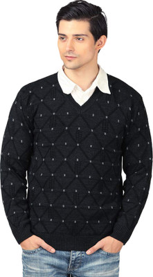 aarbee Printed V Neck Casual Men Black Sweater