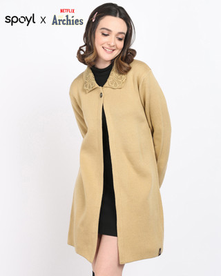 Unrule Solid Collared Neck Casual Women Beige Sweater