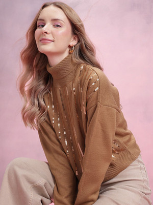 Dressberry Solid Turtle Neck Casual Women Brown Sweater