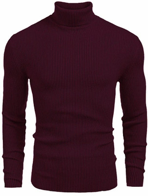 HouseOfCommon Self Design High Neck Casual Men Maroon Sweater