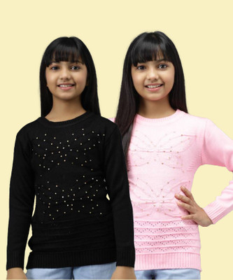 ANIXA Self Design Round Neck Casual Girls Black, Pink Sweater