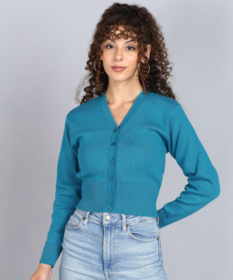 Kiyansh Creation Solid V Neck Casual Women Blue Sweater