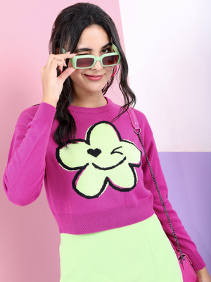 Tokyo Talkies Printed Round Neck Casual Women Pink Sweater