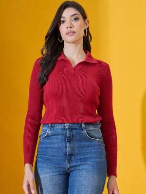 98 Degree North Self Design Collared Neck Casual Women Red Sweater