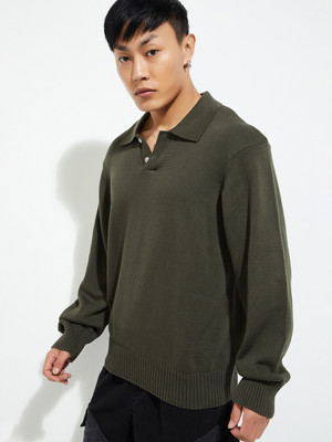 MAX Self Design Round Neck Casual Men Green Sweater